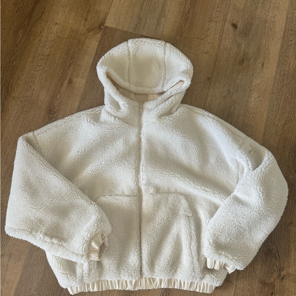 ALO Cozy White Sherpa reversible zip up Hoodie